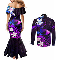 Personalised Hawaii Humuhumu Reef Triggerfish Couples Matching Mermaid Dress and Long Sleeve Button Shirt Violet With Plumeria LT05 - Polynesian Pride