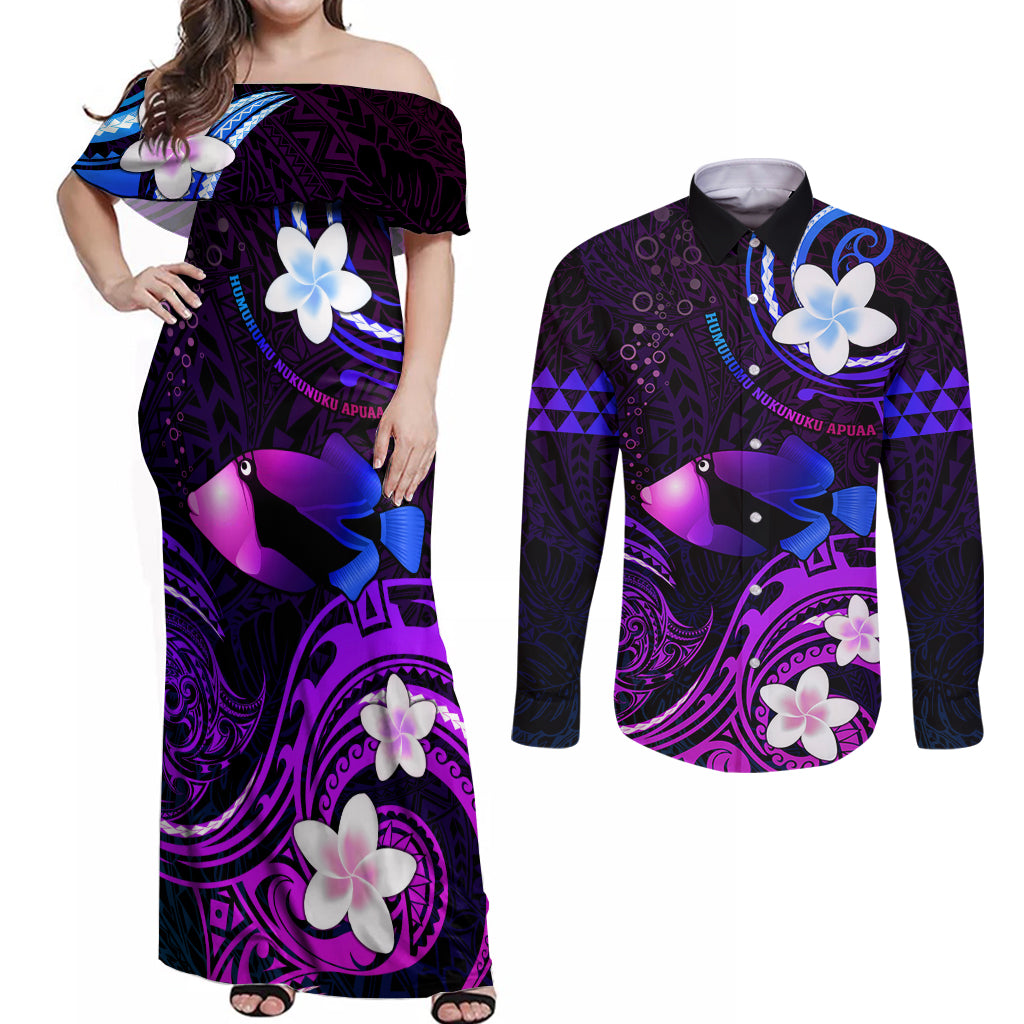 Personalised Hawaii Humuhumu Reef Triggerfish Couples Matching Off Shoulder Maxi Dress and Long Sleeve Button Shirt Violet With Plumeria LT05 Violet - Polynesian Pride