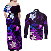 Personalised Hawaii Humuhumu Reef Triggerfish Couples Matching Off Shoulder Maxi Dress and Long Sleeve Button Shirt Violet With Plumeria LT05 - Polynesian Pride