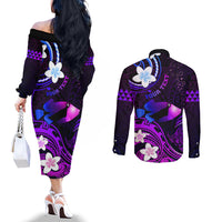 Personalised Hawaii Humuhumu Reef Triggerfish Couples Matching Off The Shoulder Long Sleeve Dress and Long Sleeve Button Shirt Violet With Plumeria LT05 - Polynesian Pride