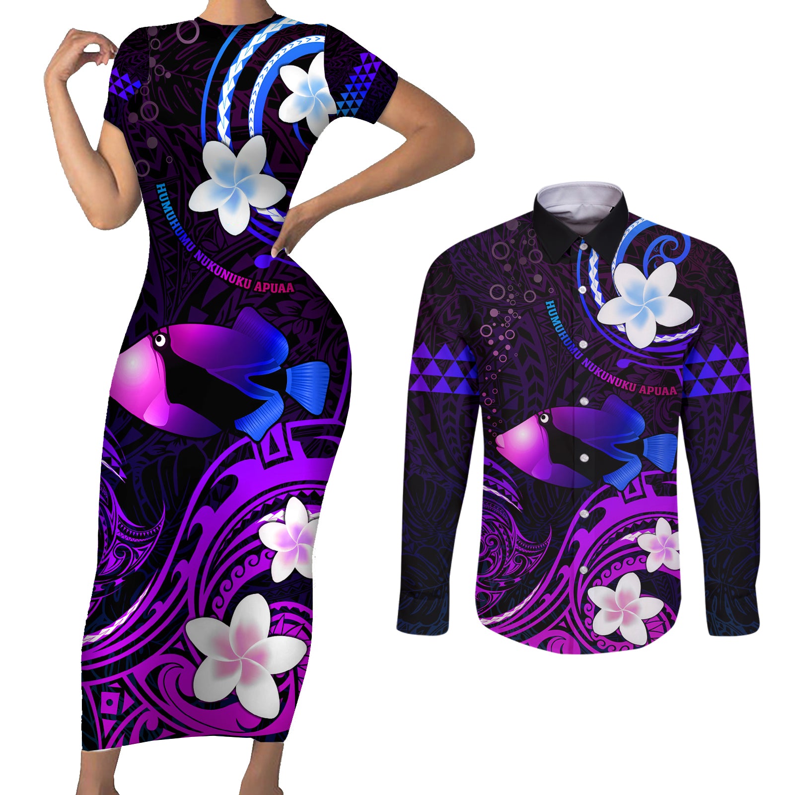 Personalised Hawaii Humuhumu Reef Triggerfish Couples Matching Short Sleeve Bodycon Dress and Long Sleeve Button Shirt Violet With Plumeria LT05 Violet - Polynesian Pride