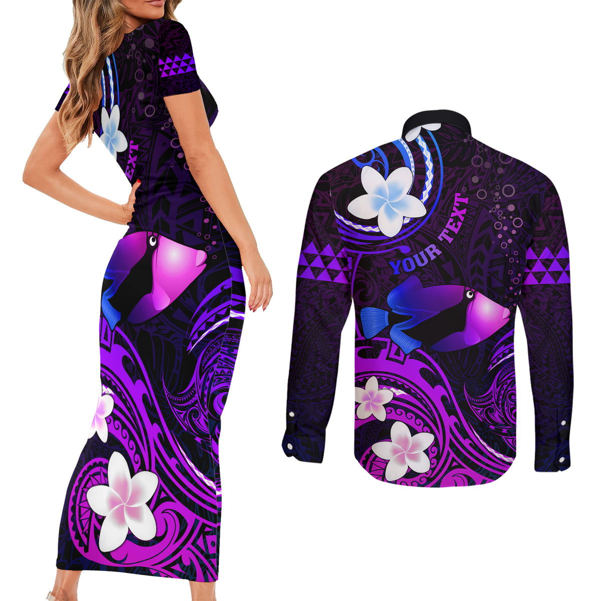 Personalised Hawaii Humuhumu Reef Triggerfish Couples Matching Short Sleeve Bodycon Dress and Long Sleeve Button Shirt Violet With Plumeria LT05 - Polynesian Pride