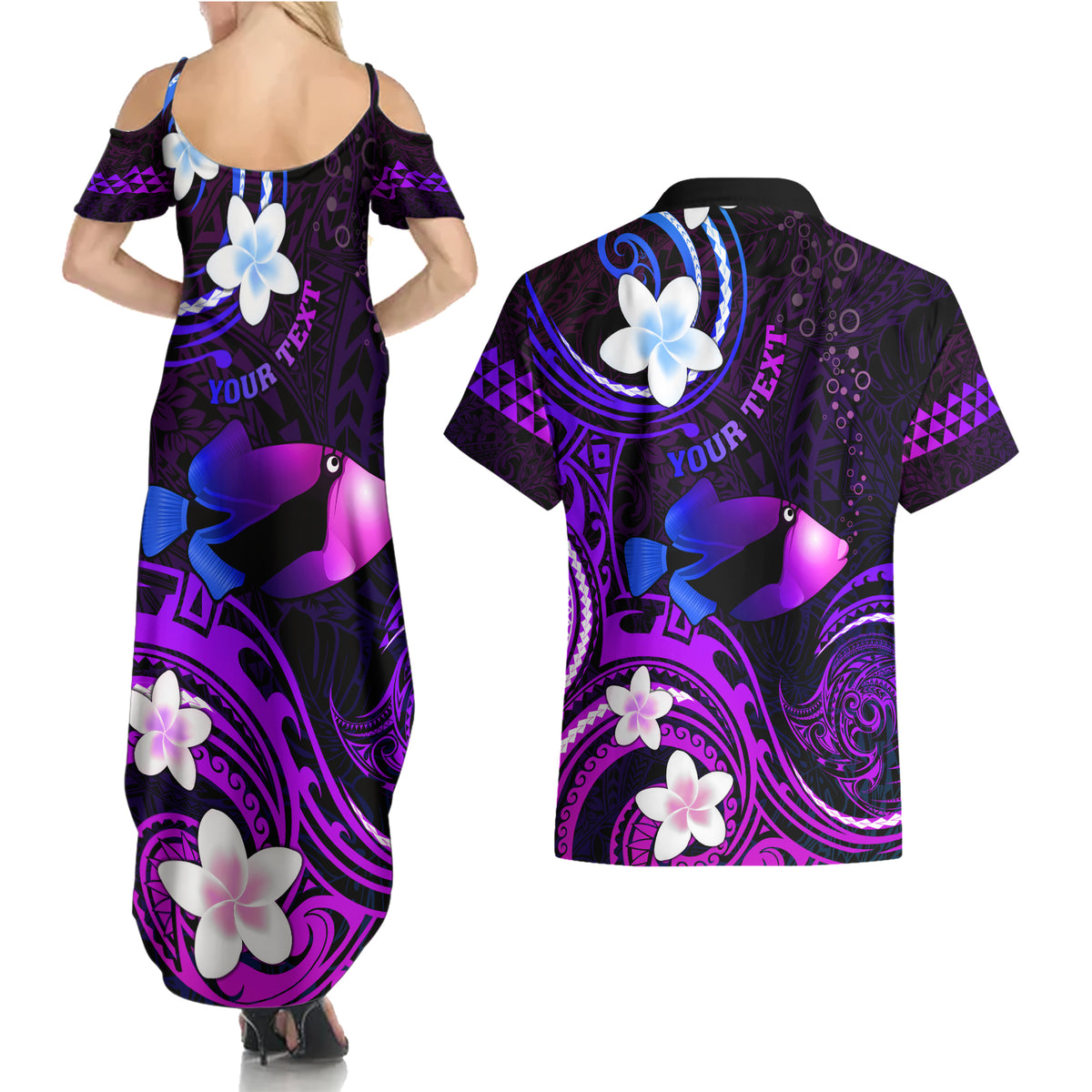 Personalised Hawaii Humuhumu Reef Triggerfish Couples Matching Summer Maxi Dress and Hawaiian Shirt Violet With Plumeria LT05 - Polynesian Pride