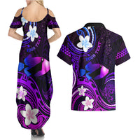 Personalised Hawaii Humuhumu Reef Triggerfish Couples Matching Summer Maxi Dress and Hawaiian Shirt Violet With Plumeria LT05 - Polynesian Pride