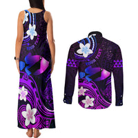 Personalised Hawaii Humuhumu Reef Triggerfish Couples Matching Tank Maxi Dress and Long Sleeve Button Shirt Violet With Plumeria LT05 - Polynesian Pride
