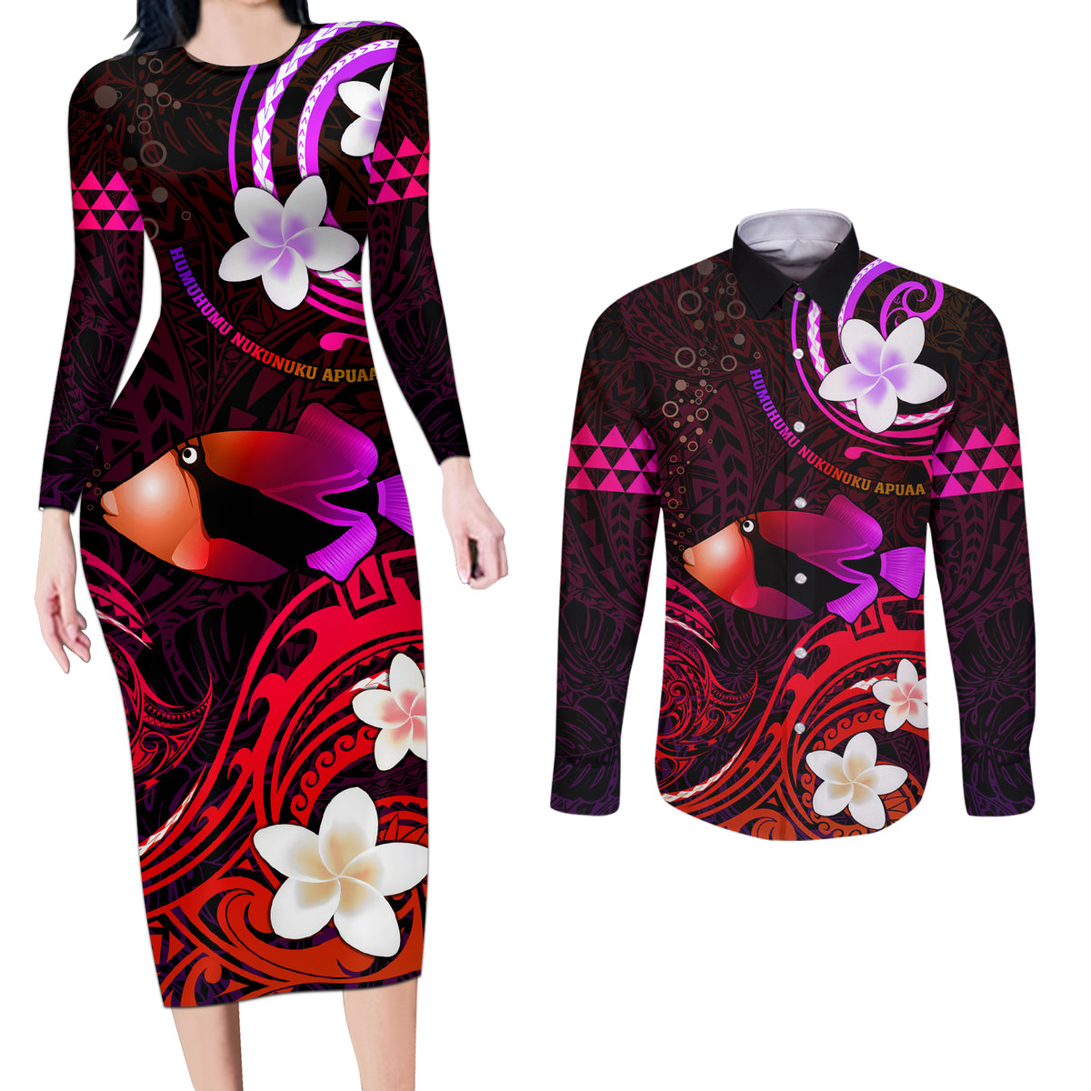 Personalised Hawaii Humuhumu Reef Triggerfish Couples Matching Long Sleeve Bodycon Dress and Long Sleeve Button Shirt Maroon With Plumeria LT05 Maroon - Polynesian Pride