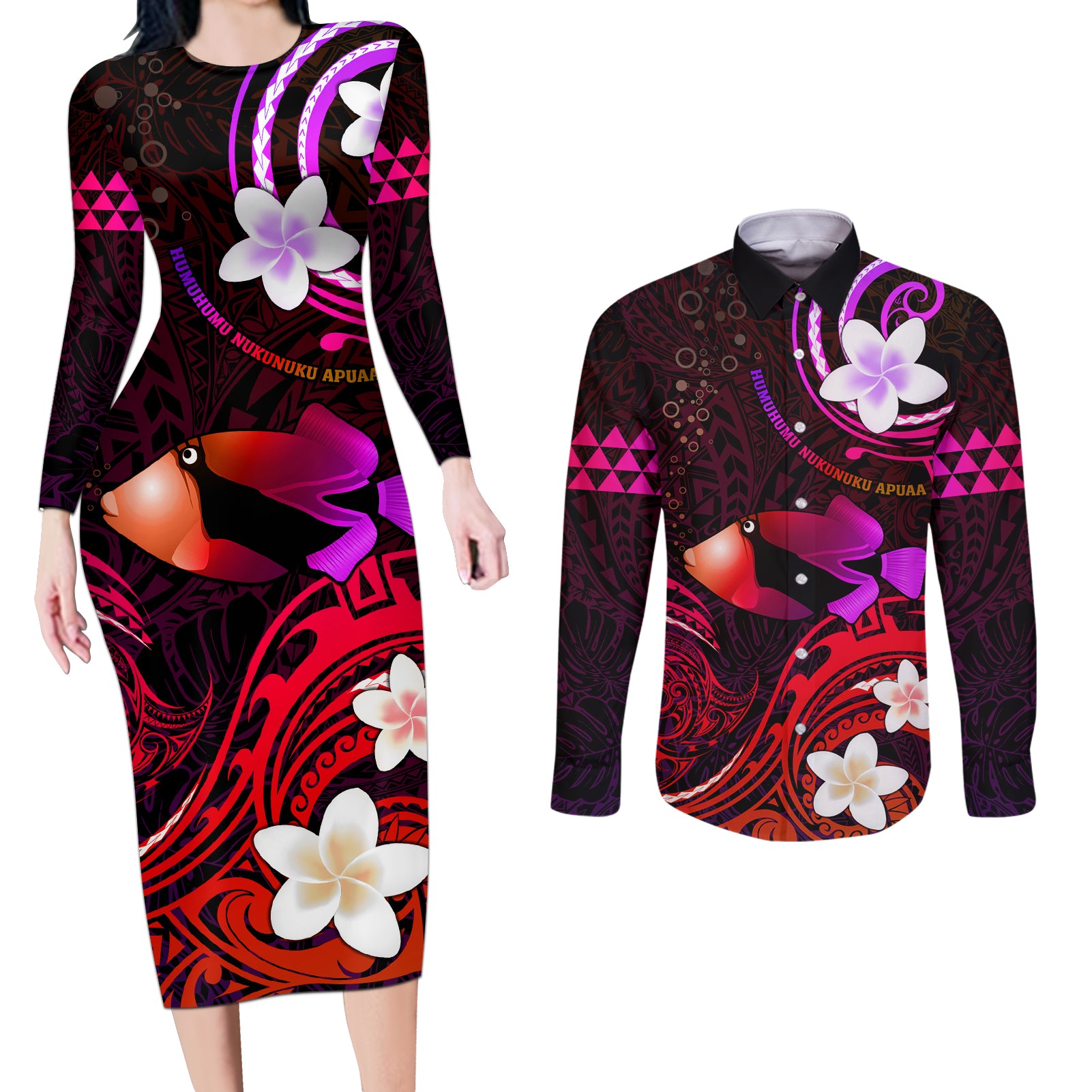 Personalised Hawaii Humuhumu Reef Triggerfish Couples Matching Long Sleeve Bodycon Dress and Long Sleeve Button Shirt Maroon With Plumeria LT05 Maroon - Polynesian Pride
