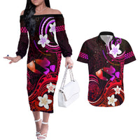 Personalised Hawaii Humuhumu Reef Triggerfish Couples Matching Off The Shoulder Long Sleeve Dress and Hawaiian Shirt Maroon With Plumeria LT05 Maroon - Polynesian Pride