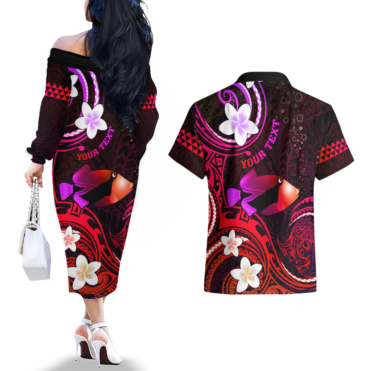 Personalised Hawaii Humuhumu Reef Triggerfish Couples Matching Off The Shoulder Long Sleeve Dress and Hawaiian Shirt Maroon With Plumeria LT05 - Polynesian Pride