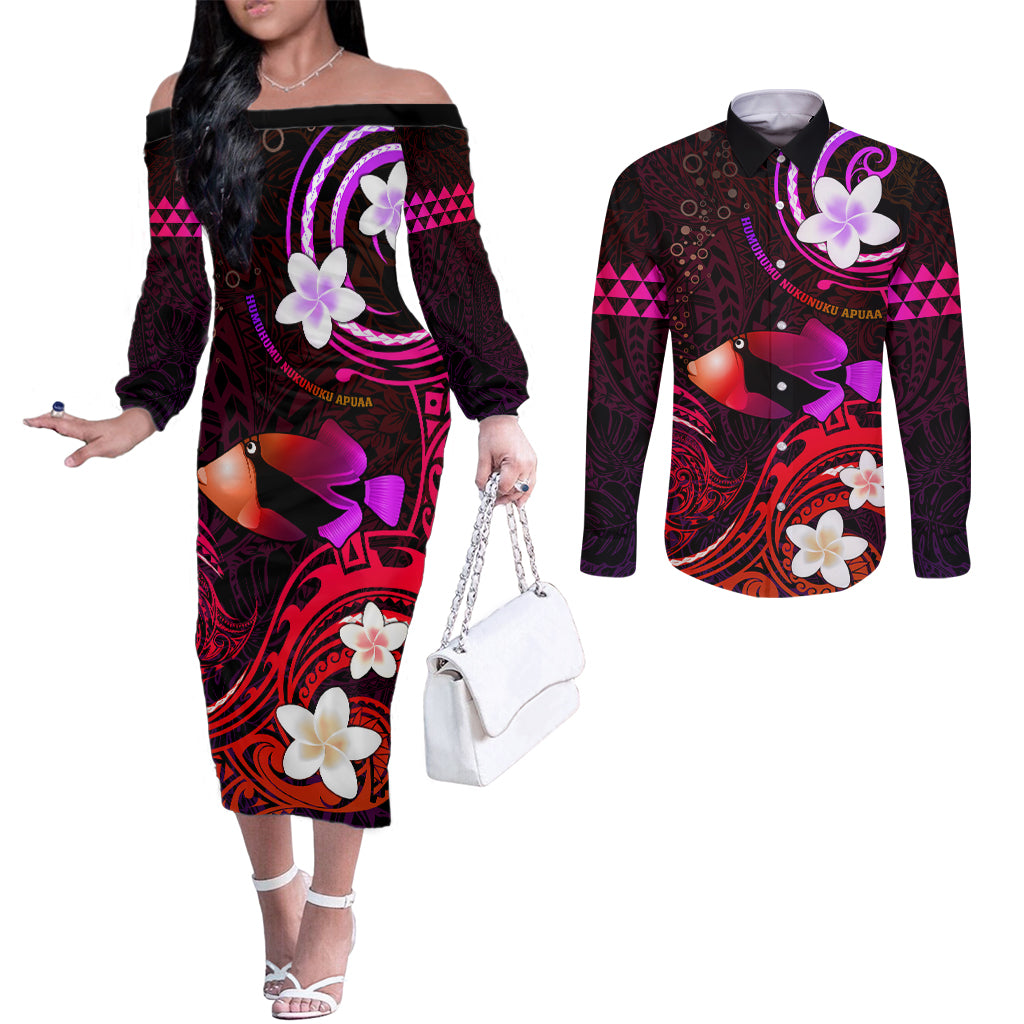 Personalised Hawaii Humuhumu Reef Triggerfish Couples Matching Off The Shoulder Long Sleeve Dress and Long Sleeve Button Shirt Maroon With Plumeria LT05 Maroon - Polynesian Pride