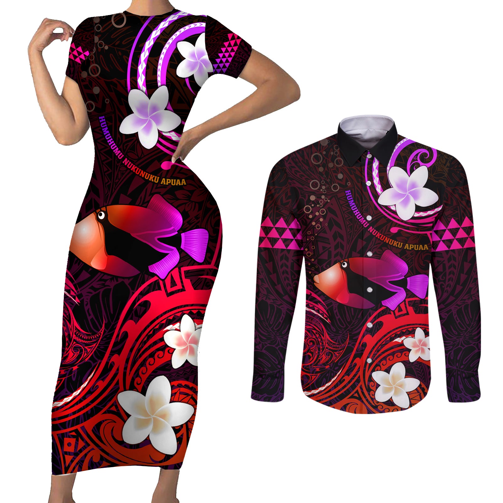 Personalised Hawaii Humuhumu Reef Triggerfish Couples Matching Short Sleeve Bodycon Dress and Long Sleeve Button Shirt Maroon With Plumeria LT05 Maroon - Polynesian Pride
