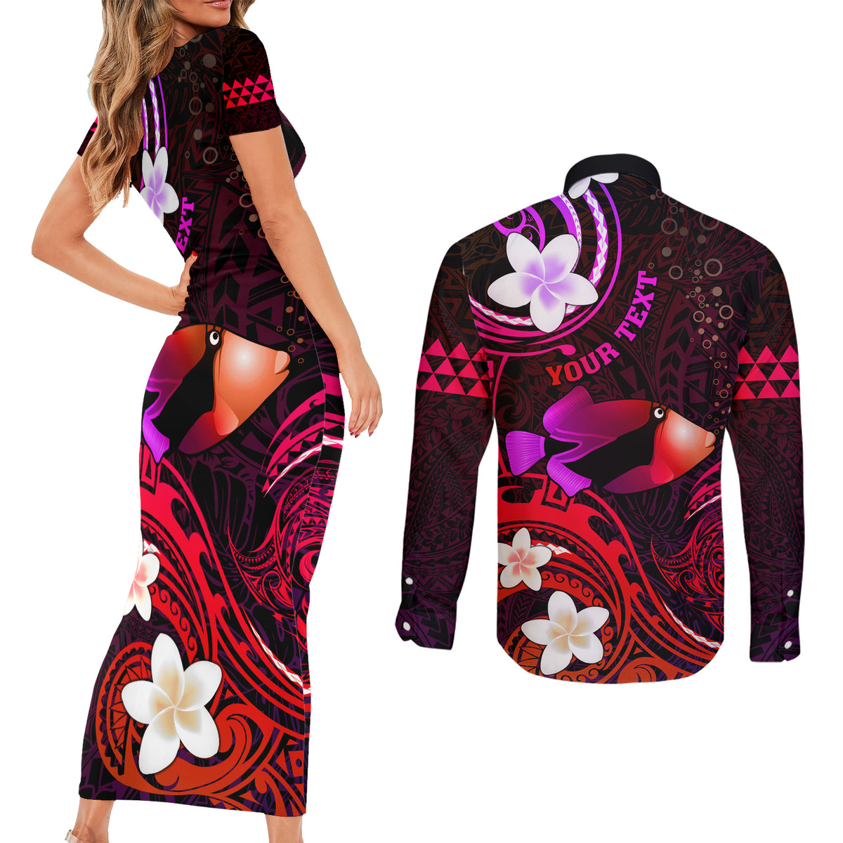 Personalised Hawaii Humuhumu Reef Triggerfish Couples Matching Short Sleeve Bodycon Dress and Long Sleeve Button Shirt Maroon With Plumeria LT05 - Polynesian Pride