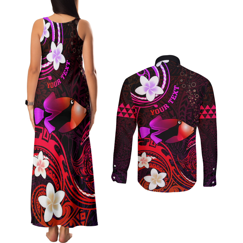 Personalised Hawaii Humuhumu Reef Triggerfish Couples Matching Tank Maxi Dress and Long Sleeve Button Shirt Maroon With Plumeria LT05 - Polynesian Pride