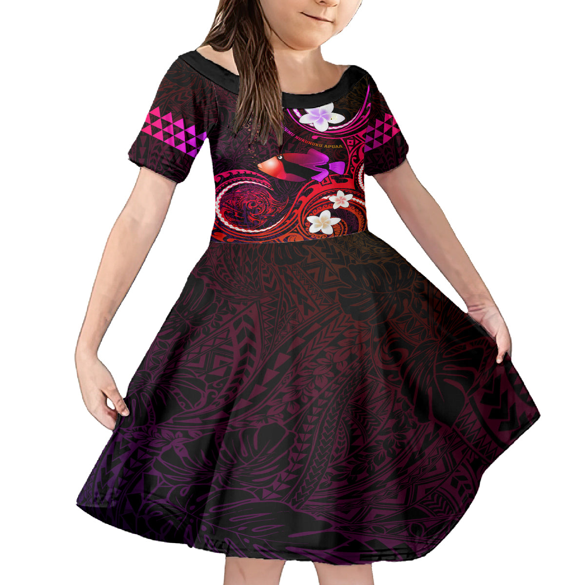 Personalised Hawaii Humuhumu Reef Triggerfish Family Matching Off Shoulder Maxi Dress and Hawaiian Shirt Maroon With Plumeria LT05 Daughter's Dress Maroon - Polynesian Pride