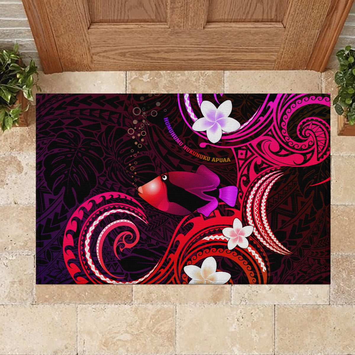 Hawaii Humuhumu Reef Triggerfish Rubber Doormat Maroon With Plumeria LT05 - Polynesian Pride