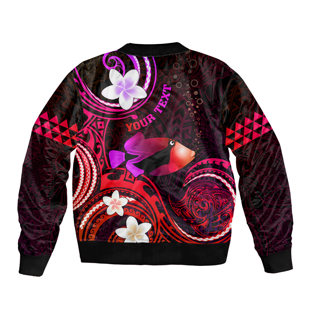 Personalised Hawaii Humuhumu Reef Triggerfish Sleeve Zip Bomber Jacket Maroon With Plumeria LT05 - Polynesian Pride