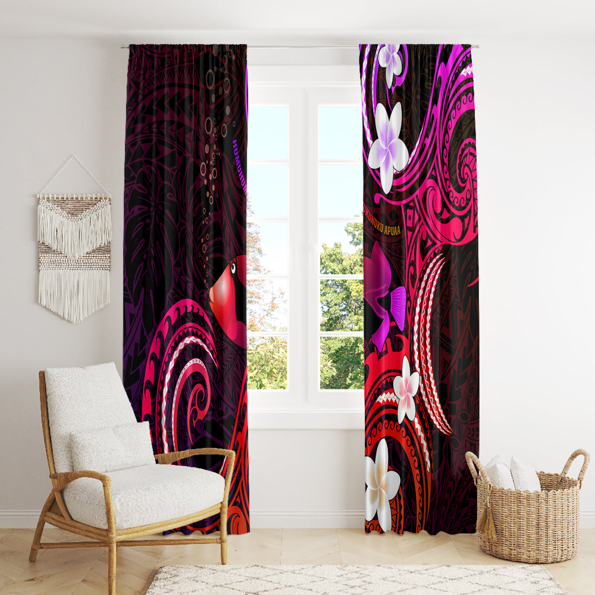 Hawaii Humuhumu Reef Triggerfish Window Curtain Maroon With Plumeria LT05 - Polynesian Pride