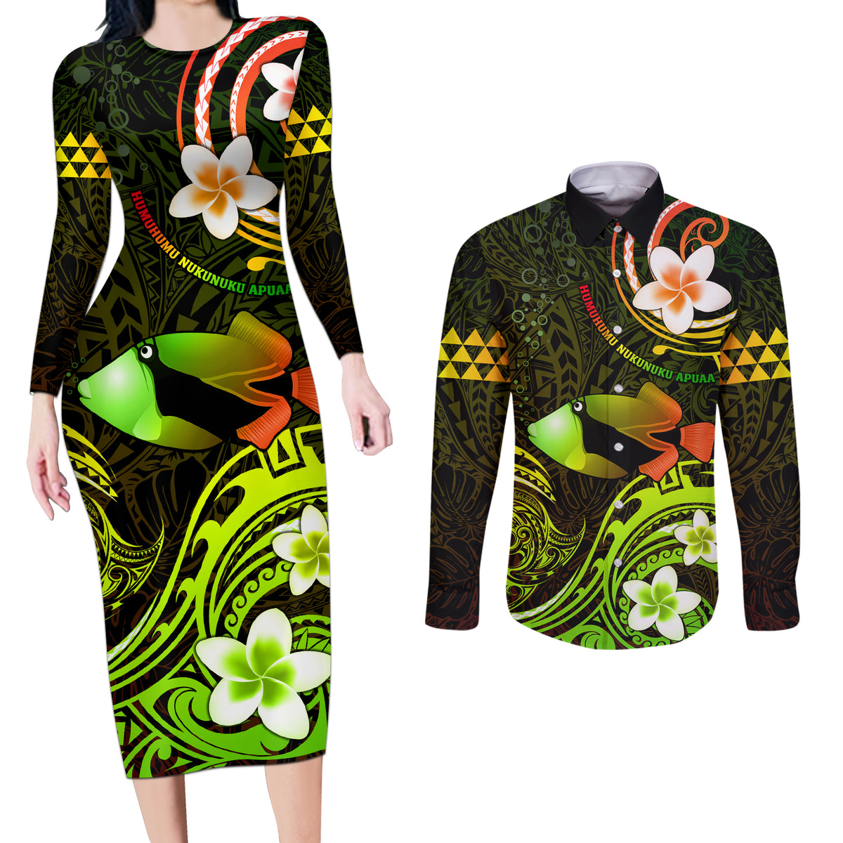 Personalised Hawaii Humuhumu Reef Triggerfish Couples Matching Long Sleeve Bodycon Dress and Long Sleeve Button Shirt Reggae With Plumeria LT05 Reggae - Polynesian Pride