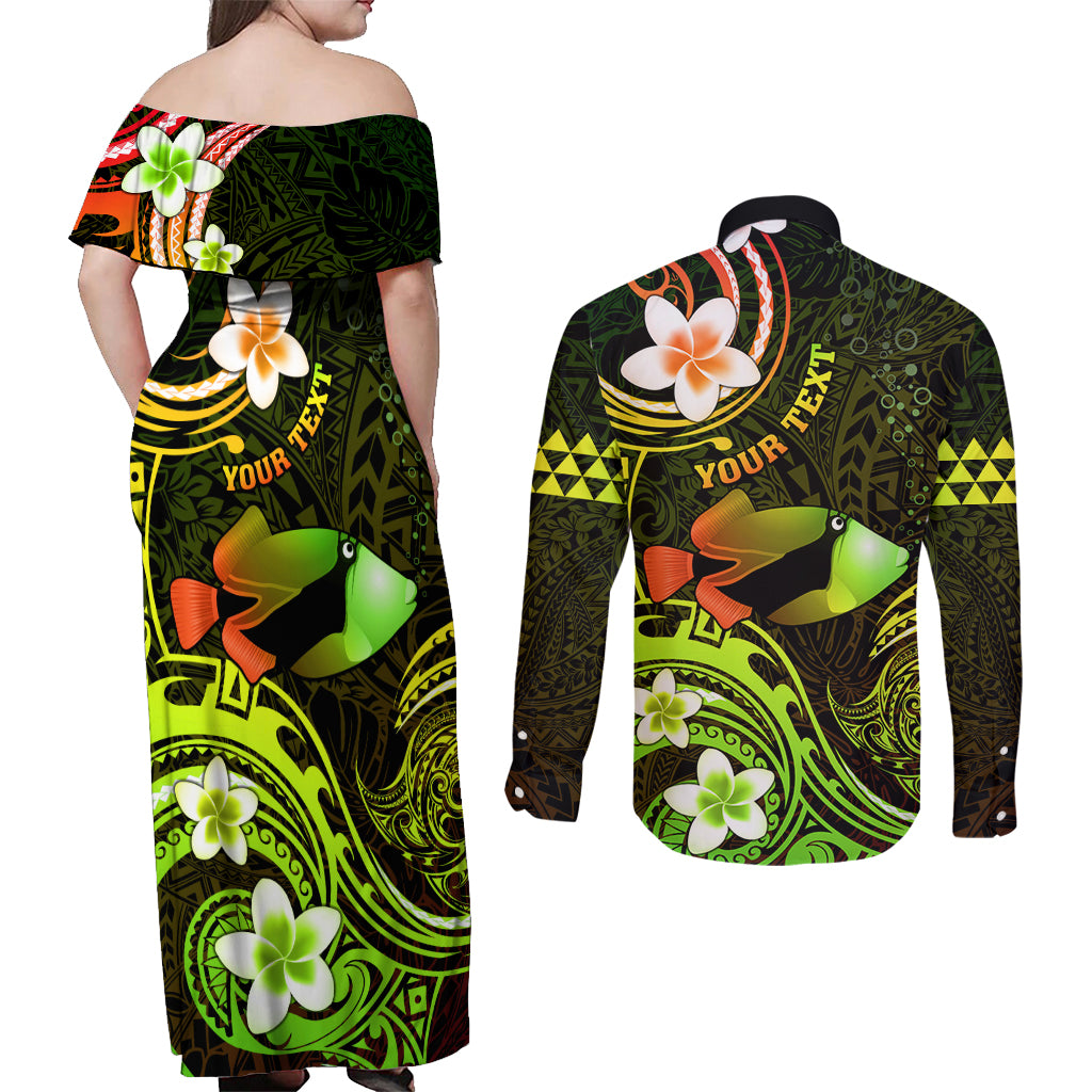 Personalised Hawaii Humuhumu Reef Triggerfish Couples Matching Off Shoulder Maxi Dress and Long Sleeve Button Shirt Reggae With Plumeria LT05 - Polynesian Pride