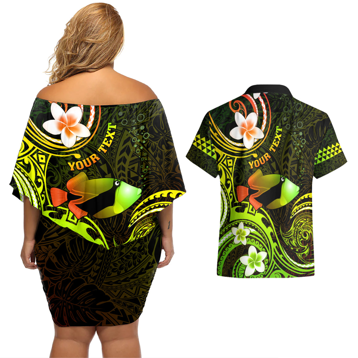 Personalised Hawaii Humuhumu Reef Triggerfish Couples Matching Off Shoulder Short Dress and Hawaiian Shirt Reggae With Plumeria LT05 - Polynesian Pride
