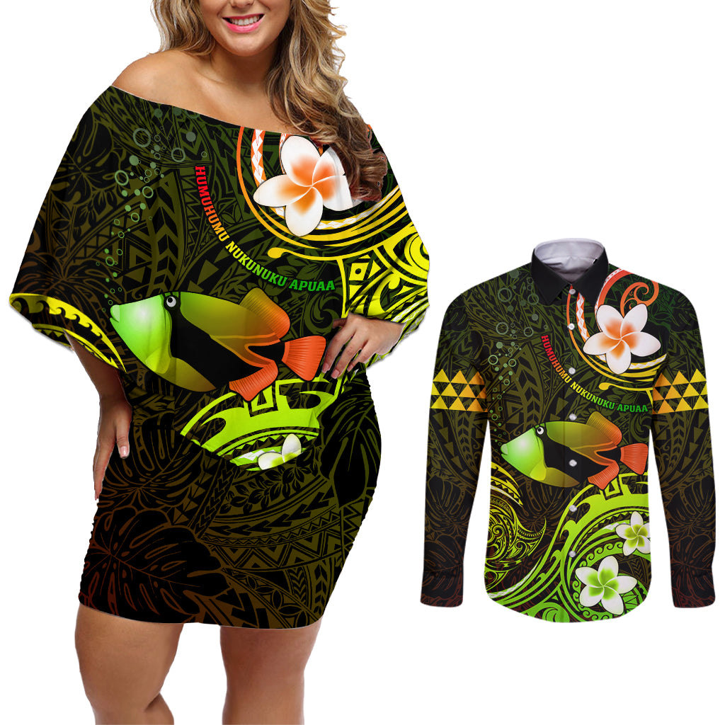 Personalised Hawaii Humuhumu Reef Triggerfish Couples Matching Off Shoulder Short Dress and Long Sleeve Button Shirt Reggae With Plumeria LT05 Reggae - Polynesian Pride