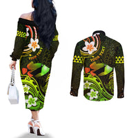 Personalised Hawaii Humuhumu Reef Triggerfish Couples Matching Off The Shoulder Long Sleeve Dress and Long Sleeve Button Shirt Reggae With Plumeria LT05 - Polynesian Pride