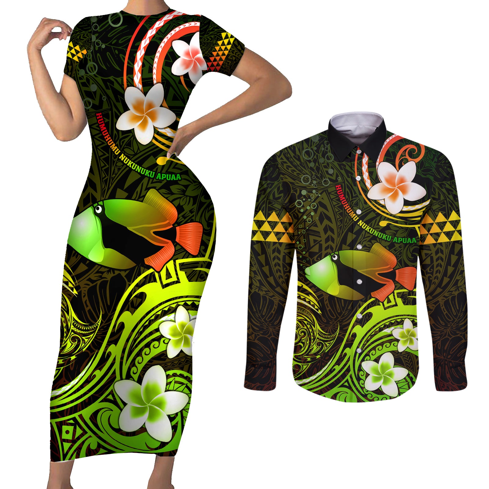 Personalised Hawaii Humuhumu Reef Triggerfish Couples Matching Short Sleeve Bodycon Dress and Long Sleeve Button Shirt Reggae With Plumeria LT05 Reggae - Polynesian Pride