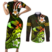 Personalised Hawaii Humuhumu Reef Triggerfish Couples Matching Short Sleeve Bodycon Dress and Long Sleeve Button Shirt Reggae With Plumeria LT05 Reggae - Polynesian Pride