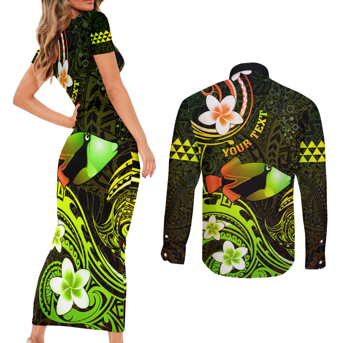 Personalised Hawaii Humuhumu Reef Triggerfish Couples Matching Short Sleeve Bodycon Dress and Long Sleeve Button Shirt Reggae With Plumeria LT05 - Polynesian Pride