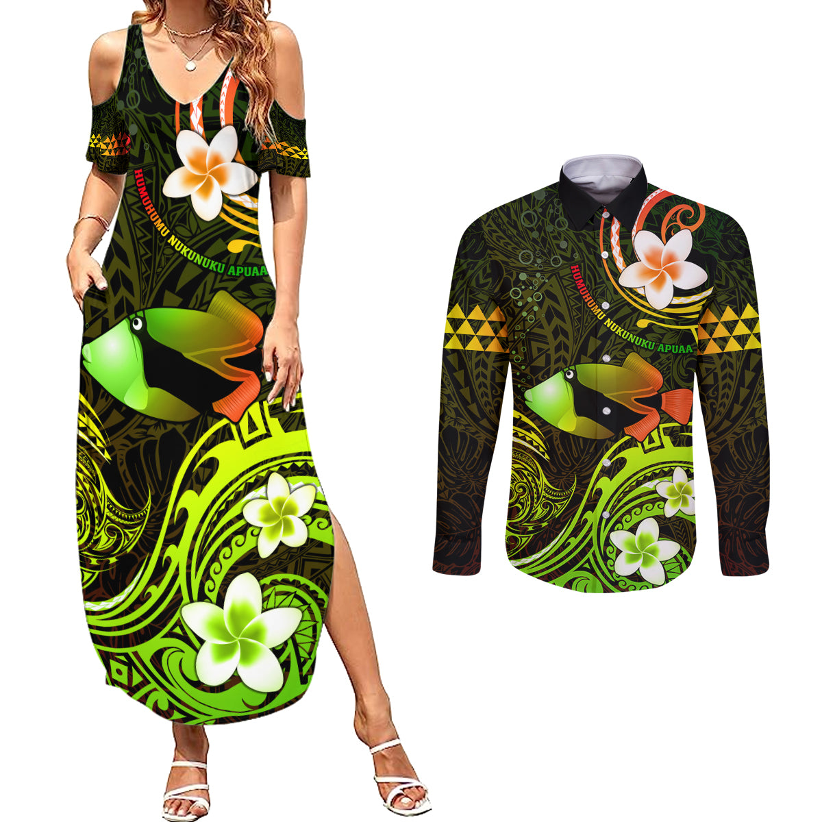 Personalised Hawaii Humuhumu Reef Triggerfish Couples Matching Summer Maxi Dress and Long Sleeve Button Shirt Reggae With Plumeria LT05 Reggae - Polynesian Pride