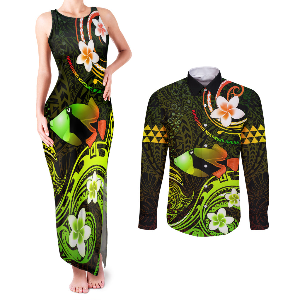 Personalised Hawaii Humuhumu Reef Triggerfish Couples Matching Tank Maxi Dress and Long Sleeve Button Shirt Reggae With Plumeria LT05 Reggae - Polynesian Pride