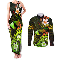 Personalised Hawaii Humuhumu Reef Triggerfish Couples Matching Tank Maxi Dress and Long Sleeve Button Shirt Reggae With Plumeria LT05 Reggae - Polynesian Pride