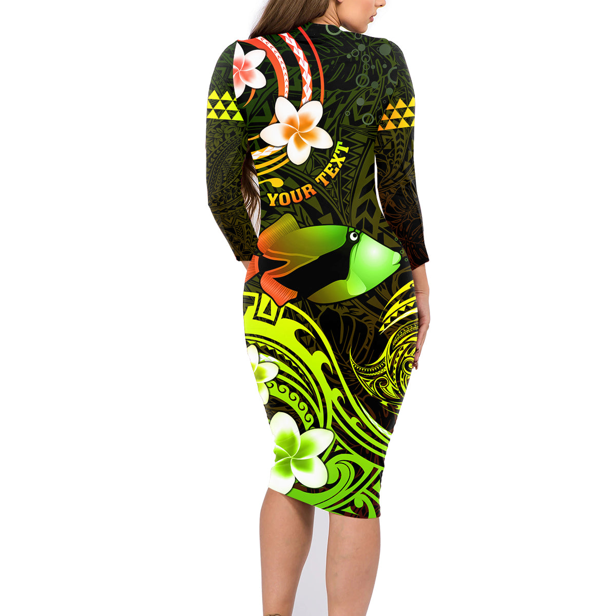 Personalised Hawaii Humuhumu Reef Triggerfish Family Matching Long Sleeve Bodycon Dress and Hawaiian Shirt Reggae With Plumeria LT05 - Polynesian Pride
