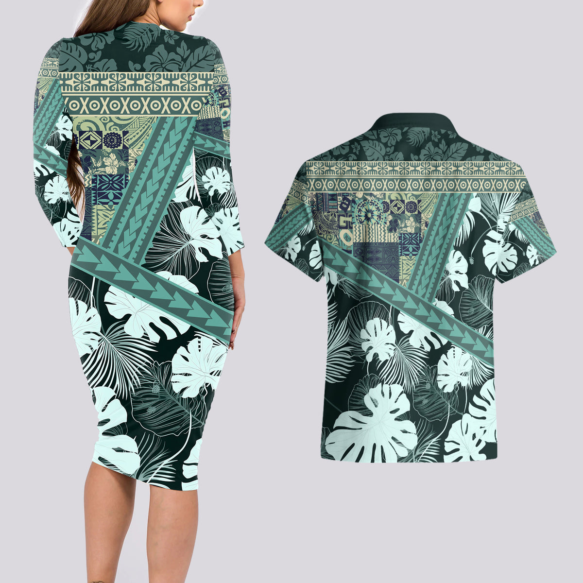 Hawaii Plant Kalo Couples Matching Long Sleeve Bodycon Dress and Hawaiian Shirt Hawaiian Tapa Pattern LT05 - Polynesian Pride