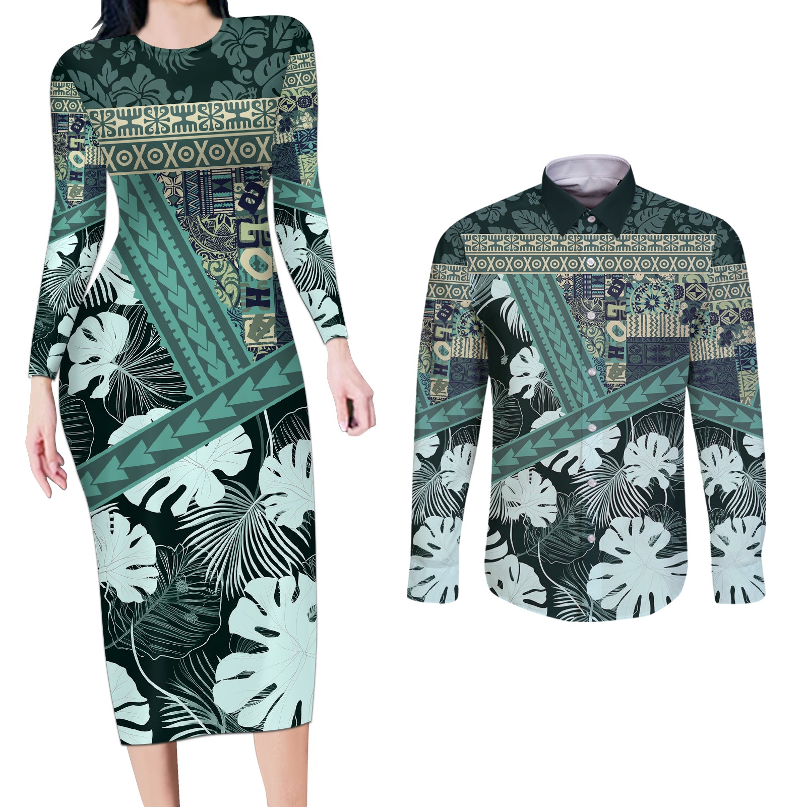 Hawaii Plant Kalo Couples Matching Long Sleeve Bodycon Dress and Long Sleeve Button Shirt Hawaiian Tapa Pattern LT05 Green - Polynesian Pride