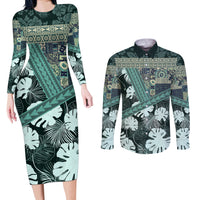 Hawaii Plant Kalo Couples Matching Long Sleeve Bodycon Dress and Long Sleeve Button Shirt Hawaiian Tapa Pattern LT05 Green - Polynesian Pride