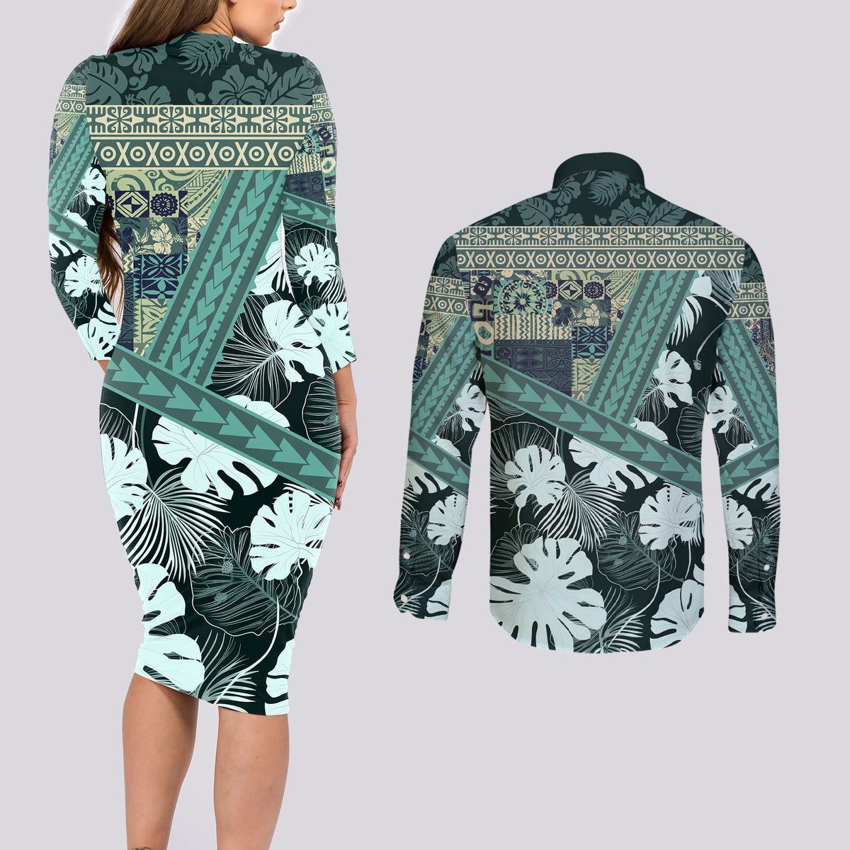 Hawaii Plant Kalo Couples Matching Long Sleeve Bodycon Dress and Long Sleeve Button Shirt Hawaiian Tapa Pattern LT05 - Polynesian Pride