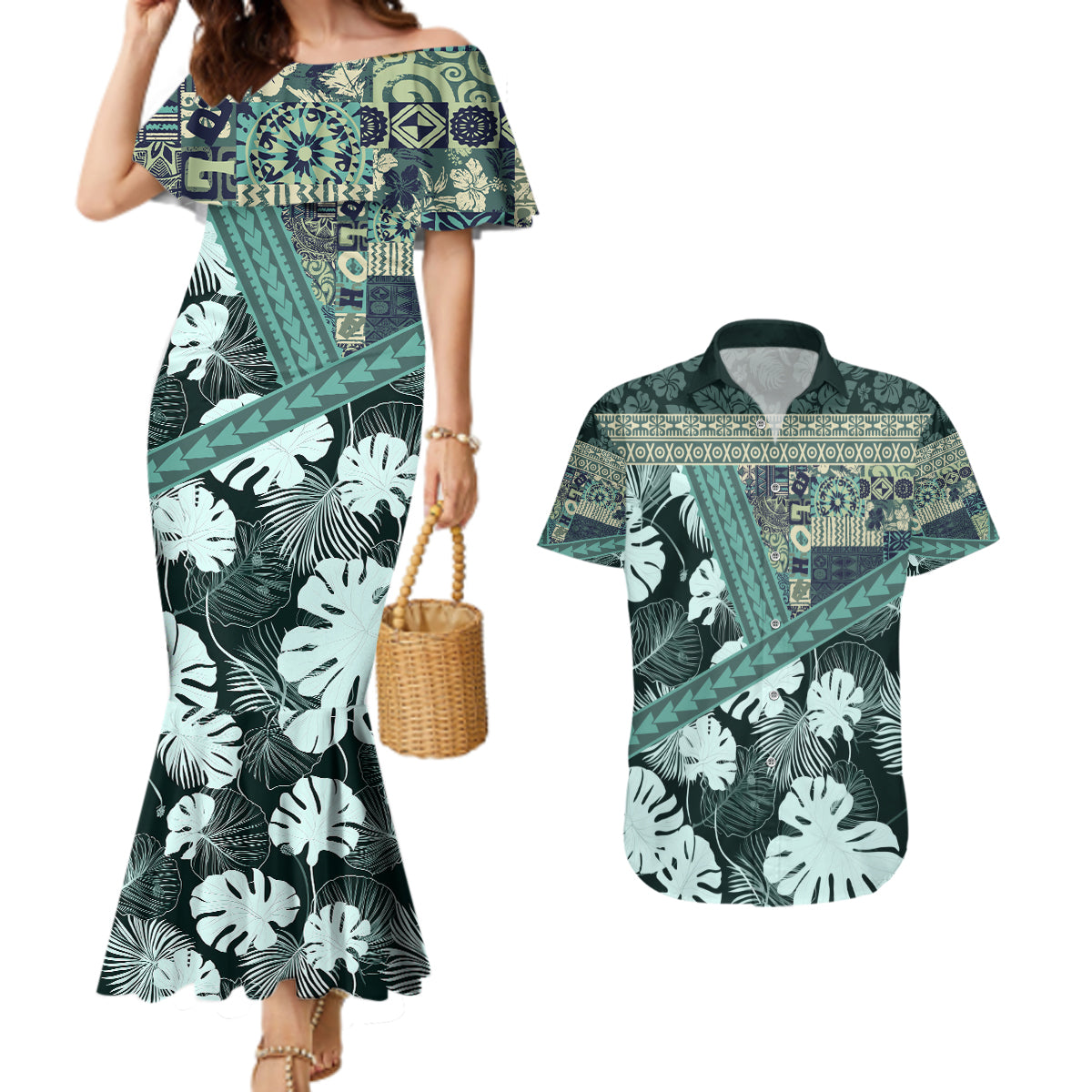Hawaii Plant Kalo Couples Matching Mermaid Dress and Hawaiian Shirt Hawaiian Tapa Pattern LT05 Green - Polynesian Pride