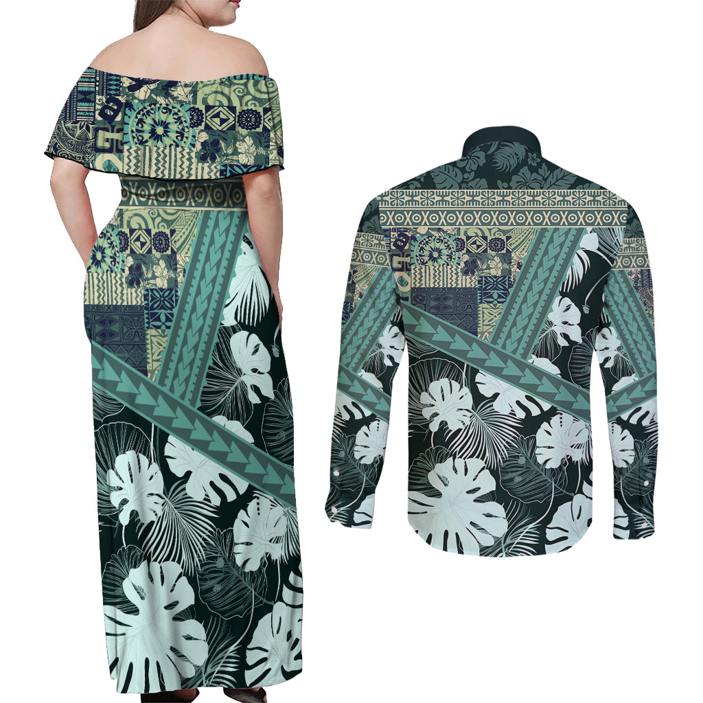 Hawaii Plant Kalo Couples Matching Off Shoulder Maxi Dress and Long Sleeve Button Shirt Hawaiian Tapa Pattern LT05 - Polynesian Pride