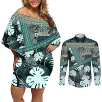 Hawaii Plant Kalo Couples Matching Off Shoulder Short Dress and Long Sleeve Button Shirt Hawaiian Tapa Pattern LT05 Green - Polynesian Pride