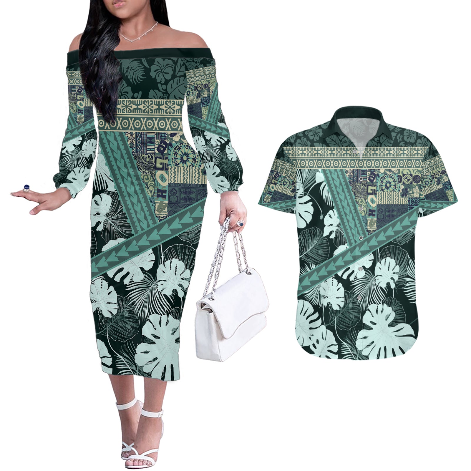 Hawaii Plant Kalo Couples Matching Off The Shoulder Long Sleeve Dress and Hawaiian Shirt Hawaiian Tapa Pattern LT05 Green - Polynesian Pride