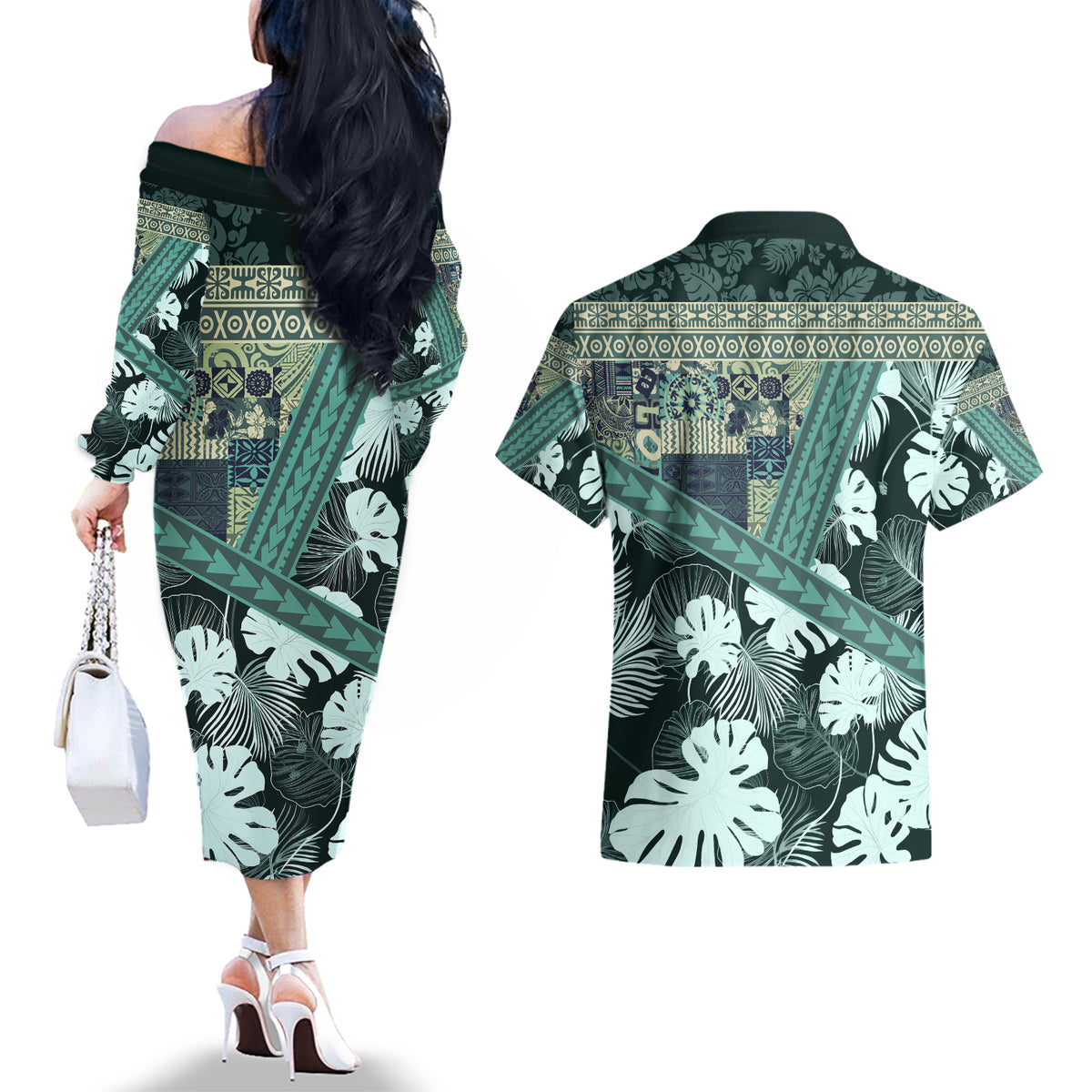 Hawaii Plant Kalo Couples Matching Off The Shoulder Long Sleeve Dress and Hawaiian Shirt Hawaiian Tapa Pattern LT05 - Polynesian Pride