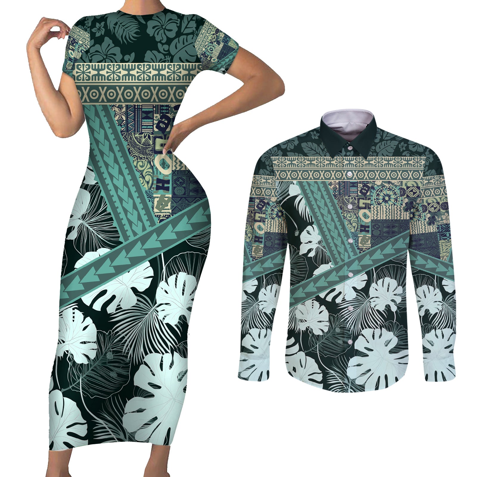 Hawaii Plant Kalo Couples Matching Short Sleeve Bodycon Dress and Long Sleeve Button Shirt Hawaiian Tapa Pattern LT05 Green - Polynesian Pride