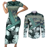 Hawaii Plant Kalo Couples Matching Short Sleeve Bodycon Dress and Long Sleeve Button Shirt Hawaiian Tapa Pattern LT05 Green - Polynesian Pride
