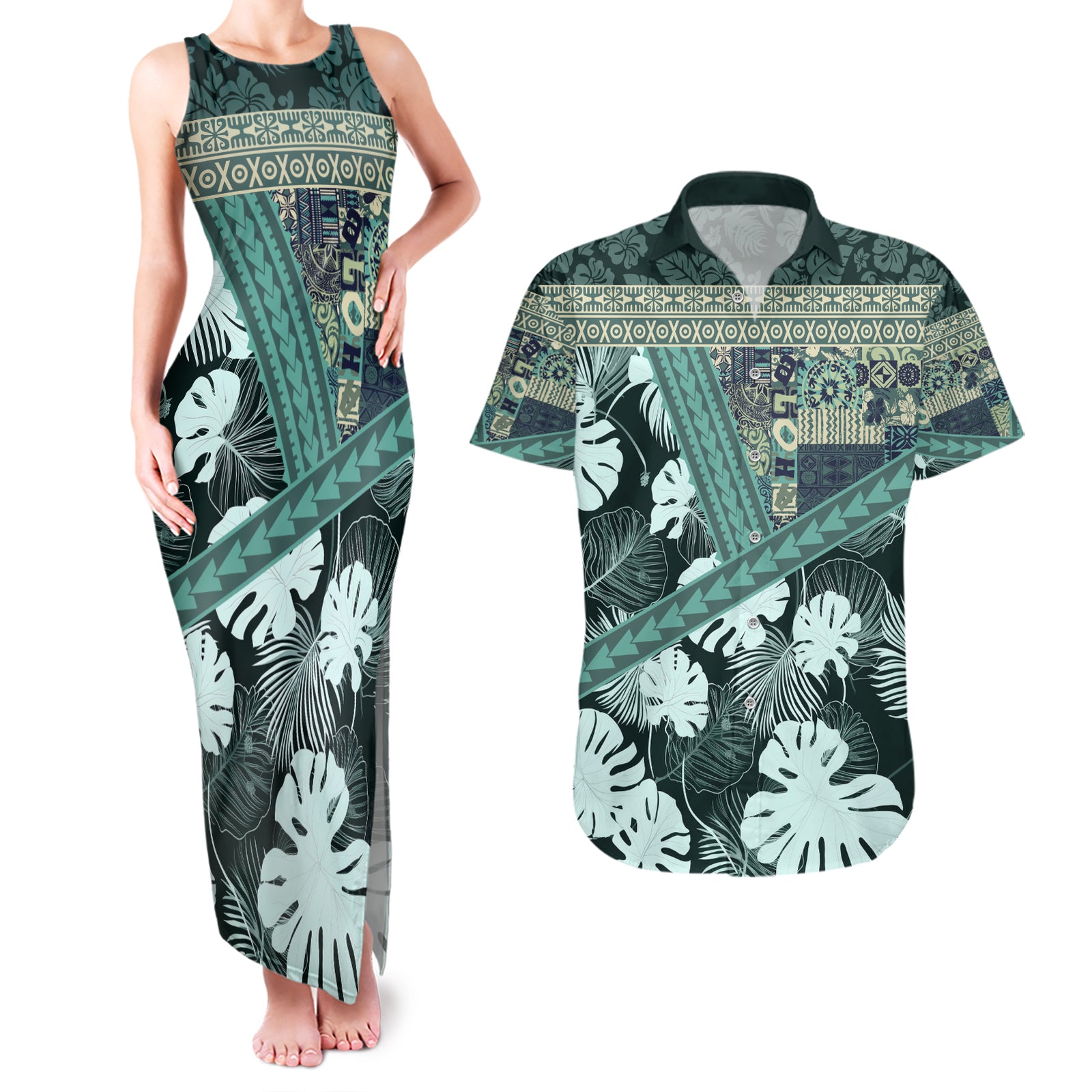 Hawaii Plant Kalo Couples Matching Tank Maxi Dress and Hawaiian Shirt Hawaiian Tapa Pattern LT05 Green - Polynesian Pride