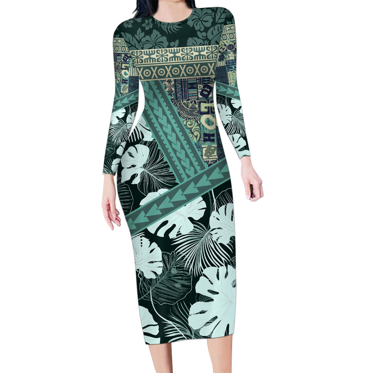 Hawaii Plant Kalo Family Matching Long Sleeve Bodycon Dress and Hawaiian Shirt Hawaiian Tapa Pattern LT05 Mom's Dress Green - Polynesian Pride