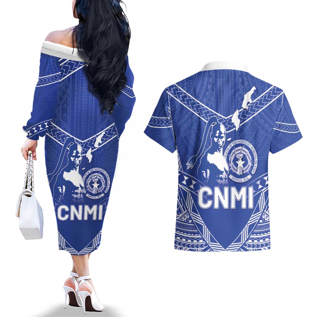 Northern Mariana Islands Couples Matching Off The Shoulder Long Sleeve Dress and Hawaiian Shirt Chamorro Warrior Tribal Pattern LT05 - Polynesian Pride