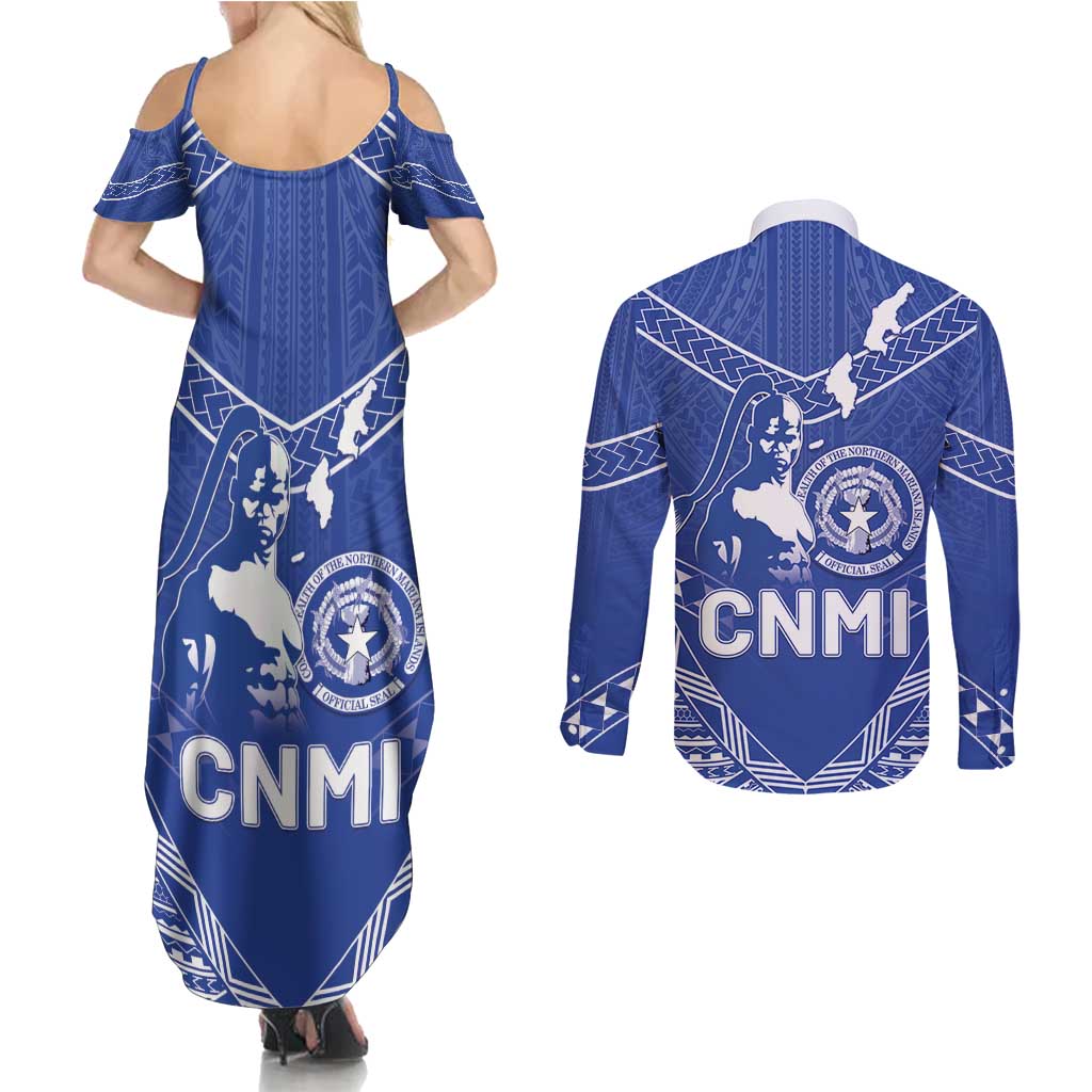 Northern Mariana Islands Couples Matching Summer Maxi Dress and Long Sleeve Button Shirt Chamorro Warrior Tribal Pattern