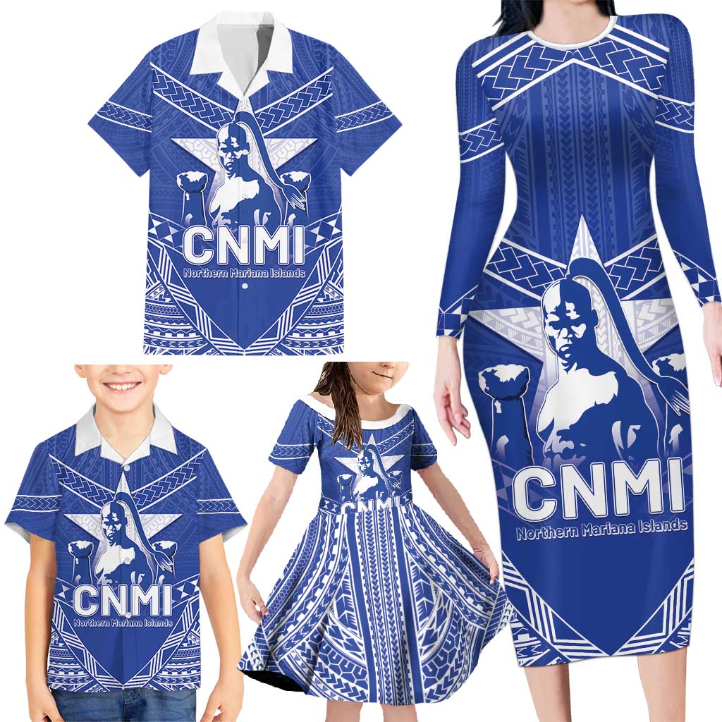 Northern Mariana Islands Family Matching Long Sleeve Bodycon Dress and Hawaiian Shirt Chamorro Warrior Tribal Pattern LT05 - Polynesian Pride