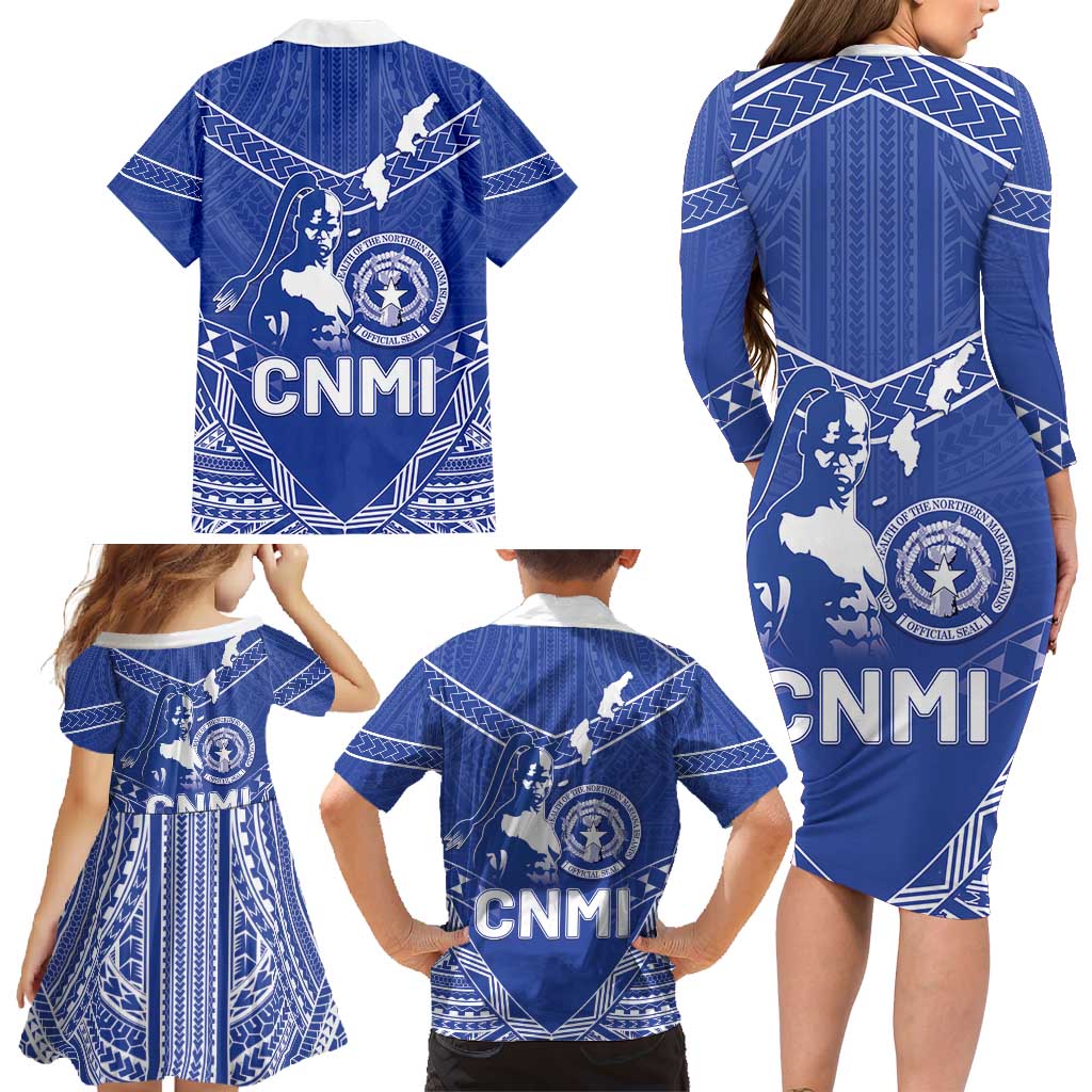 Northern Mariana Islands Family Matching Long Sleeve Bodycon Dress and Hawaiian Shirt Chamorro Warrior Tribal Pattern LT05 - Polynesian Pride